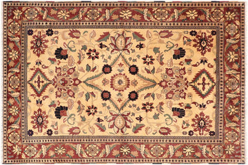 handmade Geometric Kafkaz Chobi Ziegler Beige Red Hand Knotted RECTANGLE 100% WOOL area rug 6 x 8